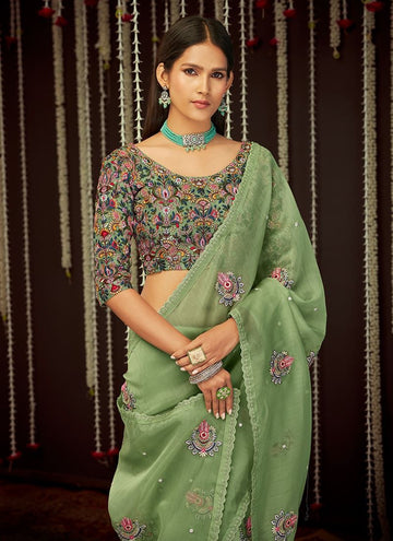 Thread Embroidery Work Designer Light Olive Green Saree